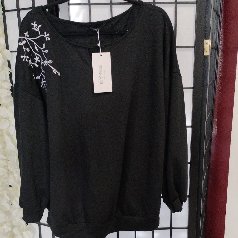 Black Sweatshirt with White Floral Shoulder Detail